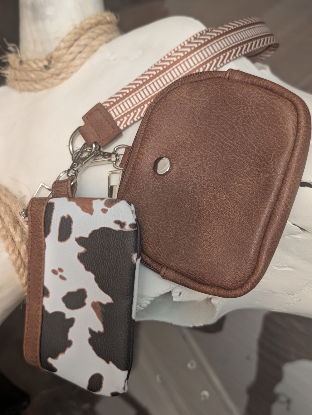 Brown  Wristlet Pouch with Cow-Print Card Holder